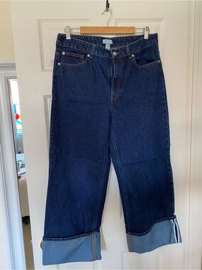 H&M Dark Blue Cropped Wide-Leg Jeans with Rolled Cuffs